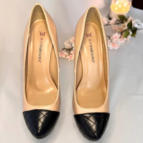 Chic Beige & Black Platform Heels - Picture 4 of 8